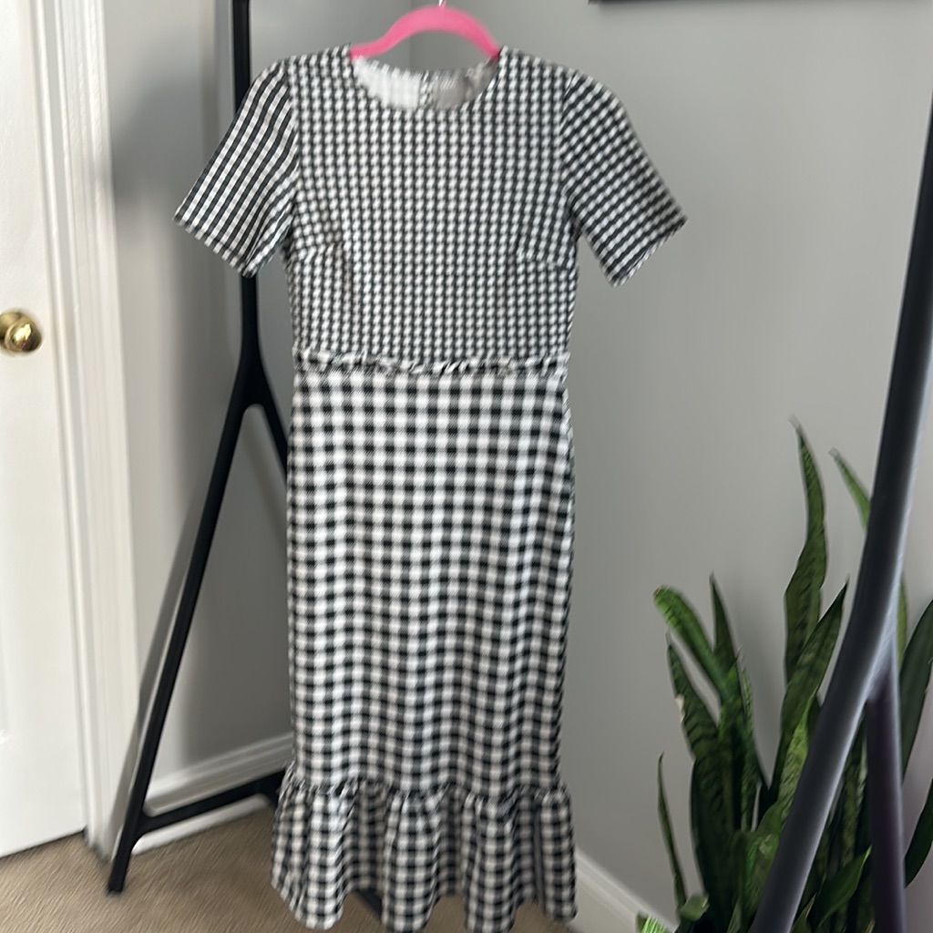 Asos Design Black White Midi Dress With Peplum Hem Contrast Check Print Size 2